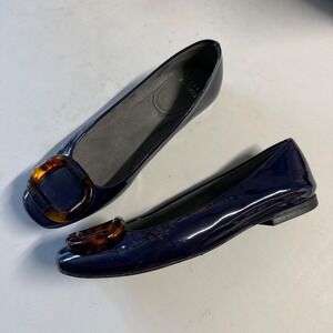 Stuart‎ Weitzman Navy Blue Patent Leather Tortoise Buckle Flats Shoes 6 M Spain
